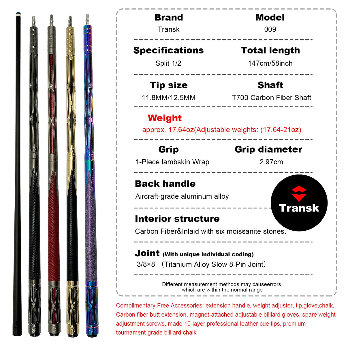 Transk Metal Carbon Fiber Pool Cue (SINGLE CUE)- Gold, Red, Purple, 10.5/11.8/12.5mm Tip(WITH An extension & weight Adjuster)