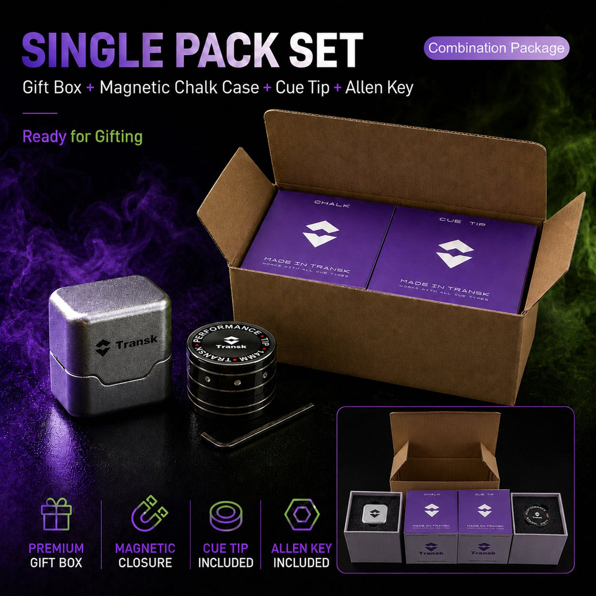 Transk Magnetic Billiard Chalk Two-Pack Gift Set – Purple & Green Chalk with 2 Magnetic Chalk Cases