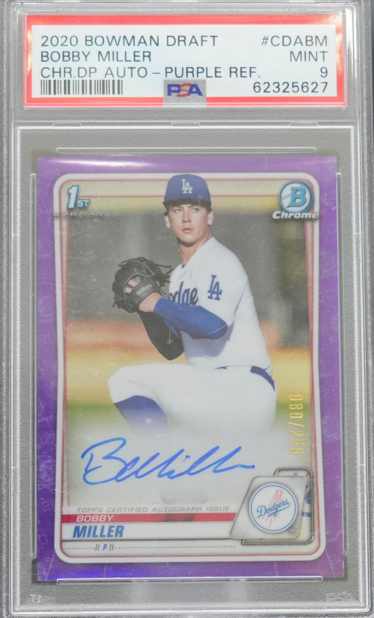 2020 Topps Bowman Draft - Bobby Miller CDA-BM - Purple Refractor /250 - PSA 9