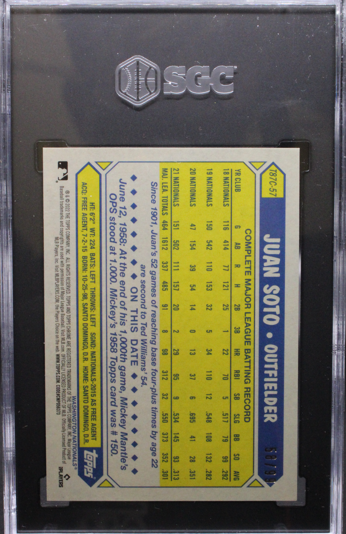 2022 Topps Update - Juan Soto T87C-57 - Chrome 87 Design Green /99 - SGC 10
