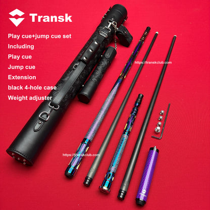 Transk Play cue+jump cue set with  4-hole case (red purple black gold color choice)12.5/11.8mm tip