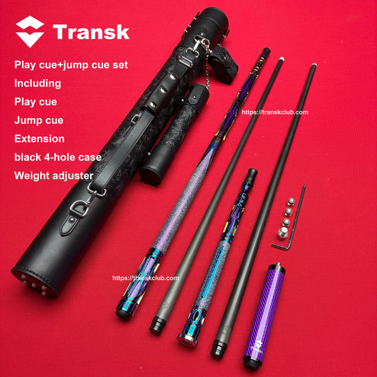 Transk Play cue+jump cue set with  4-hole case (red purple black gold color choice)12.5/11.8mm tip