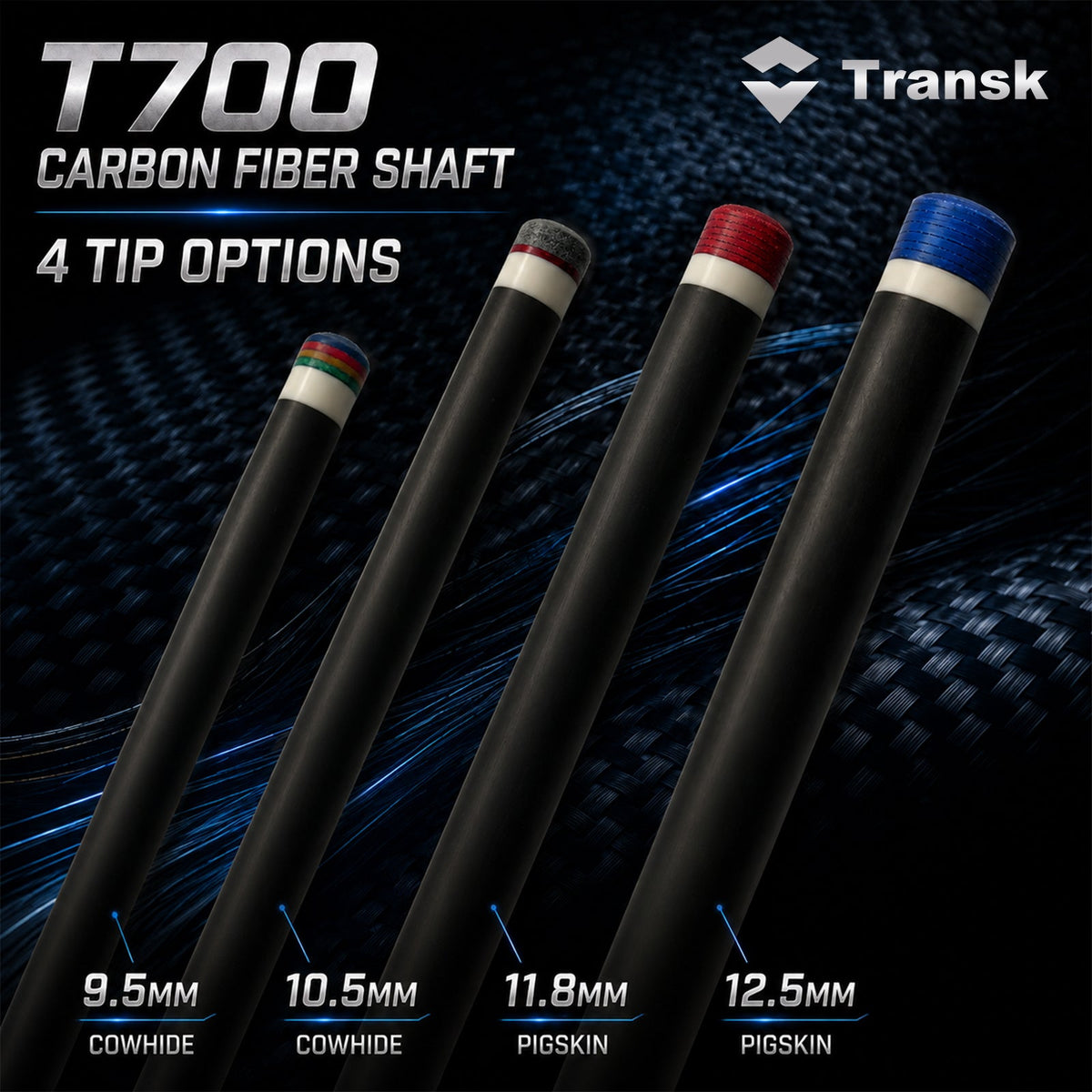 Transk T700 Low-Deflection Carbon Fiber Pool Cue Shaft – 4 Tip Size Options