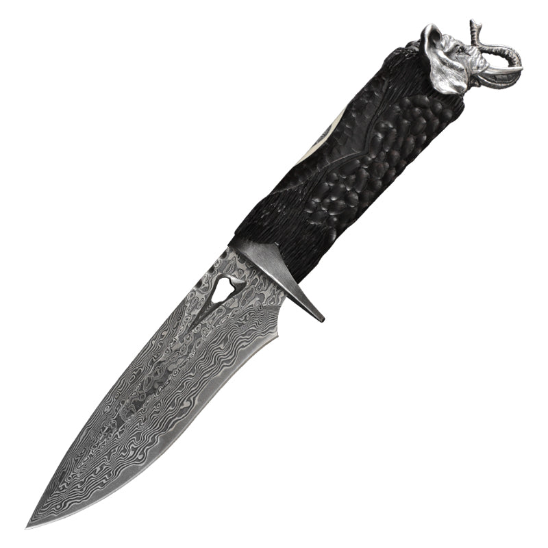Damascus EDC Knife – Hand Forged 103 Layer VG10 Ebony Handle Elephant Head Leather Sheath