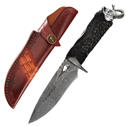Damascus EDC Knife – Hand Forged 103 Layer VG10 Ebony Handle Elephant Head Leather Sheath