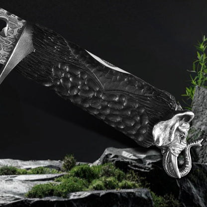 Damascus EDC Knife – Hand Forged 103 Layer VG10 Ebony Handle Elephant Head Leather Sheath