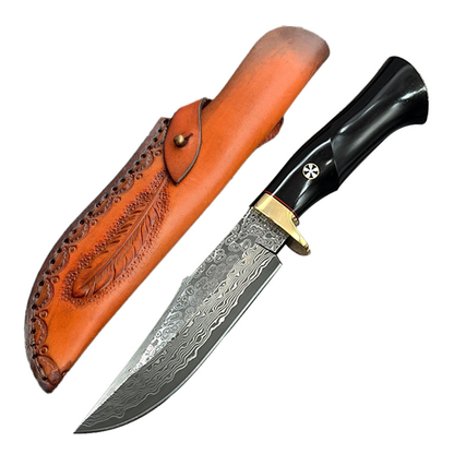 Damascus EDC Knife – Hand Forged SKD-11 Steel Purple Heartwood Leather Sheath Survival