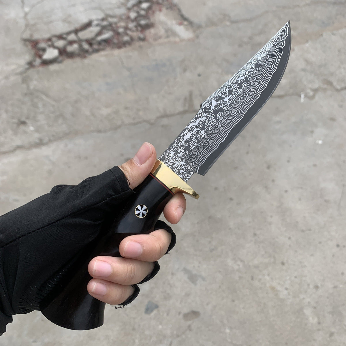 Damascus EDC Knife – Hand Forged SKD-11 Steel Purple Heartwood Leather Sheath Survival
