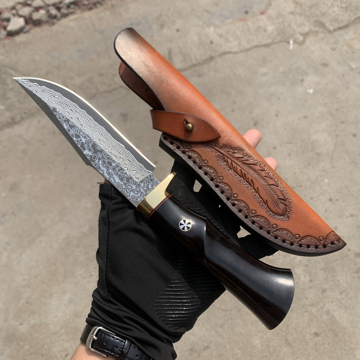 Damascus EDC Knife – Hand Forged SKD-11 Steel Purple Heartwood Leather Sheath Survival