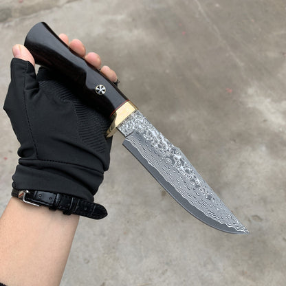 Damascus EDC Knife – Hand Forged SKD-11 Steel Purple Heartwood Leather Sheath Survival