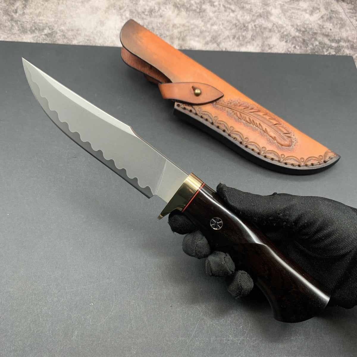 Damascus EDC Knife – Hand Forged SKD-11 Steel Purple Heartwood Leather Sheath Survival