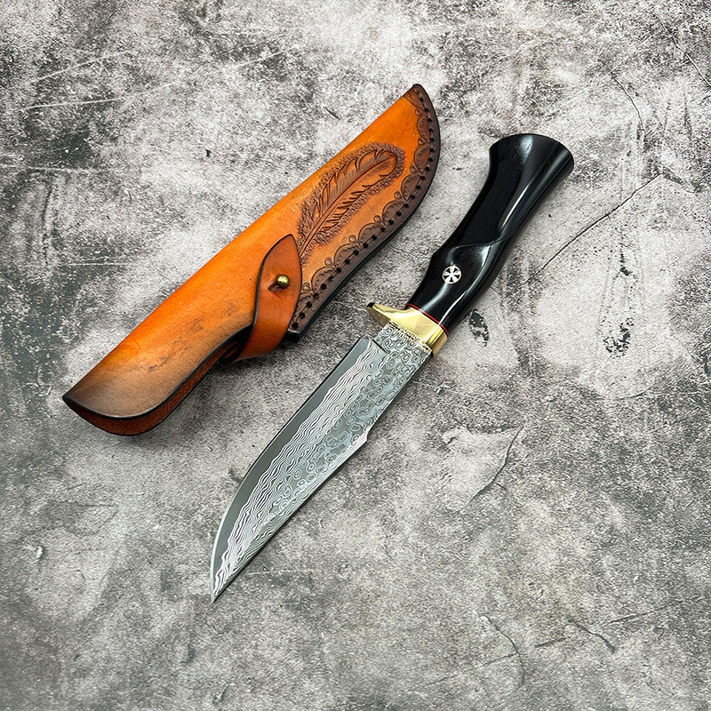 Damascus EDC Knife – Hand Forged SKD-11 Steel Purple Heartwood Leather Sheath Survival