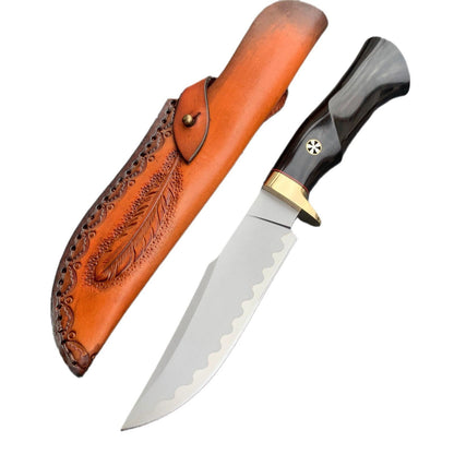 Damascus EDC Knife – Hand Forged SKD-11 Steel Purple Heartwood Leather Sheath Survival