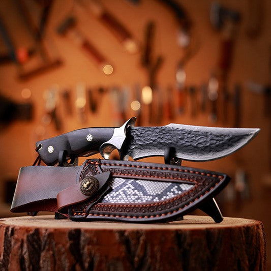 Damascus Fixed Blade Knife – Obsidian Fang Hunting with 105-Layer VG10 & Ebony Handle