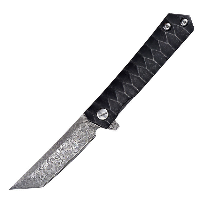 Damascus Folding Knife – D2 Steel Tanto Blade Bearing System Pocket Clip EDC Camping