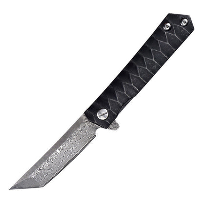 Damascus Folding Knife – D2 Steel Tanto Blade Bearing System Pocket Clip EDC Camping