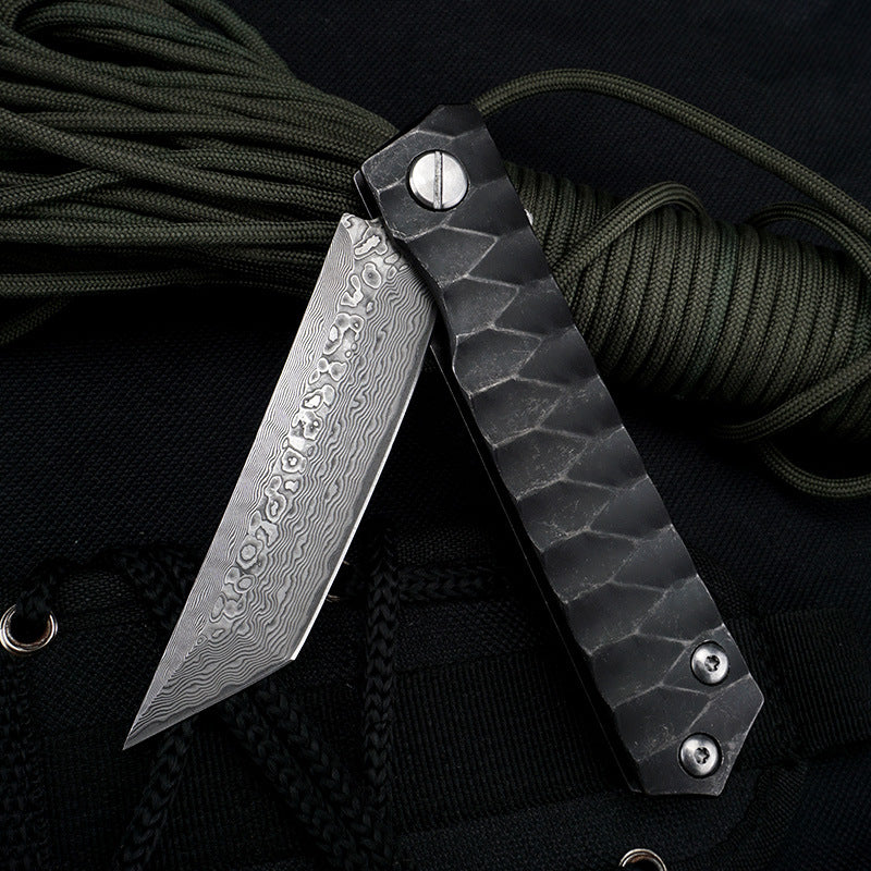 Damascus Folding Knife – D2 Steel Tanto Blade Bearing System Pocket Clip EDC Camping