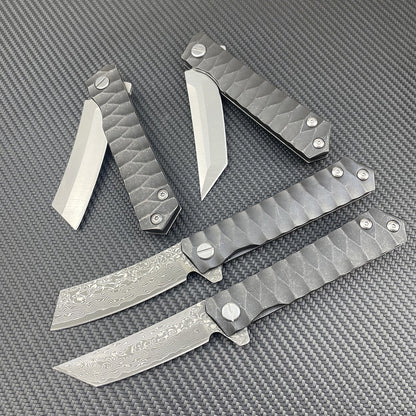 Damascus Folding Knife – D2 Steel Tanto Blade Bearing System Pocket Clip EDC Camping
