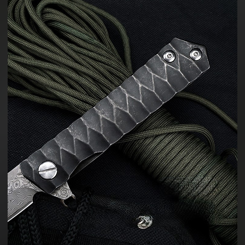 Damascus Folding Knife – D2 Steel Tanto Blade Bearing System Pocket Clip EDC Camping