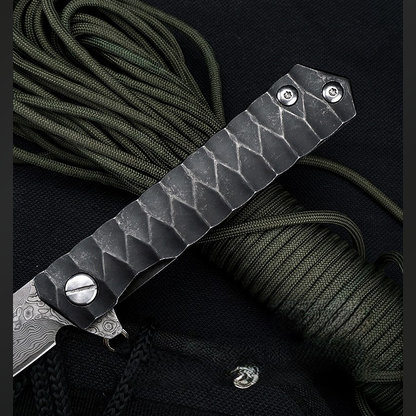 Damascus Folding Knife – D2 Steel Tanto Blade Bearing System Pocket Clip EDC Camping