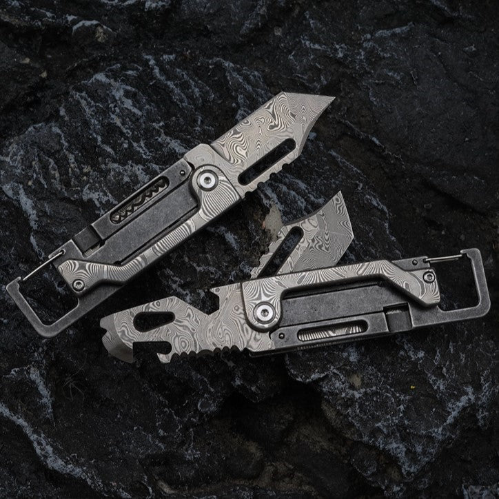 Damascus Folding Knife – Dual-Action Blade with 9-in-1 EDC Keychain Tool
