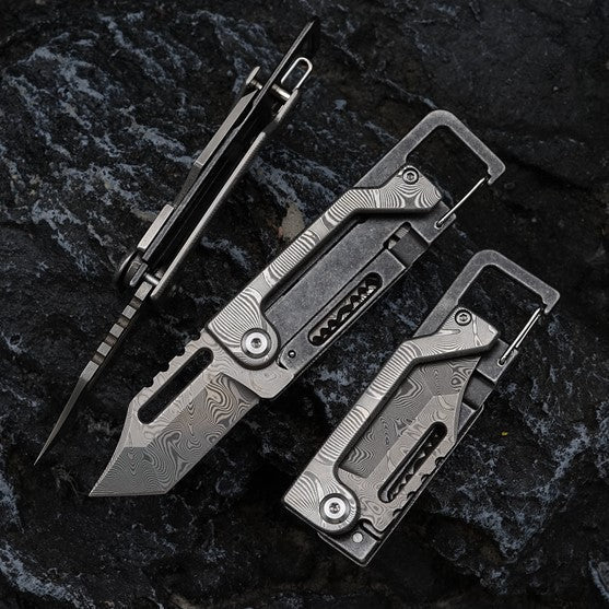 Damascus Folding Knife – Dual-Action Blade with 9-in-1 EDC Keychain Tool
