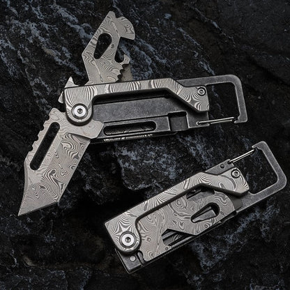 Damascus Folding Knife – Dual-Action Blade with 9-in-1 EDC Keychain Tool