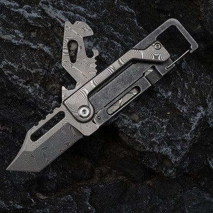 Damascus Folding Knife – Dual-Action Blade with 9-in-1 EDC Keychain Tool