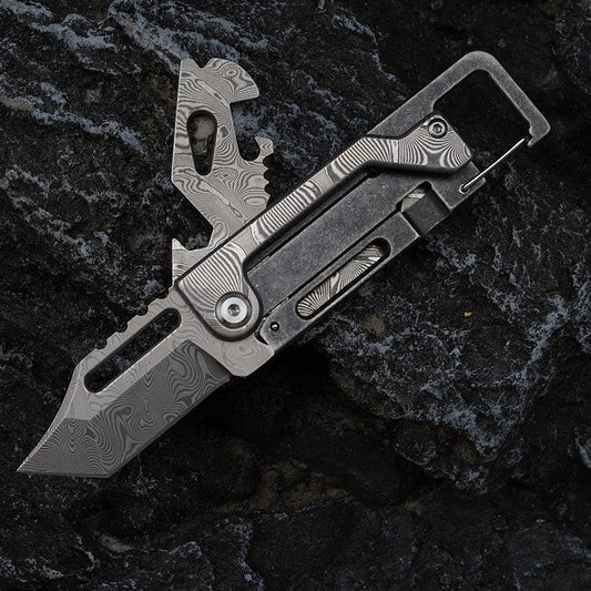 Damascus Folding Knife – Dual-Action Blade with 9-in-1 EDC Keychain Tool
