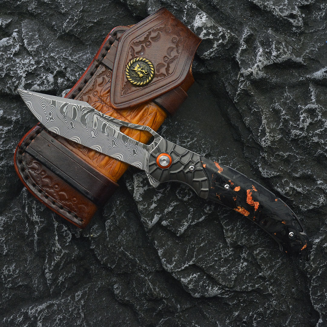 Damascus Folding Knife – Nightflare VG10 EDC with Titanium Carbon Fiber Handle