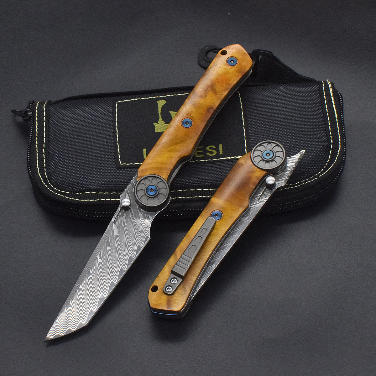 Damascus Folding Knife – SolarFlame EDC with VG10 Steel with Golden Phoebe Handle