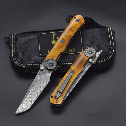 Damascus Folding Knife – SolarFlame EDC with VG10 Steel with Golden Phoebe Handle