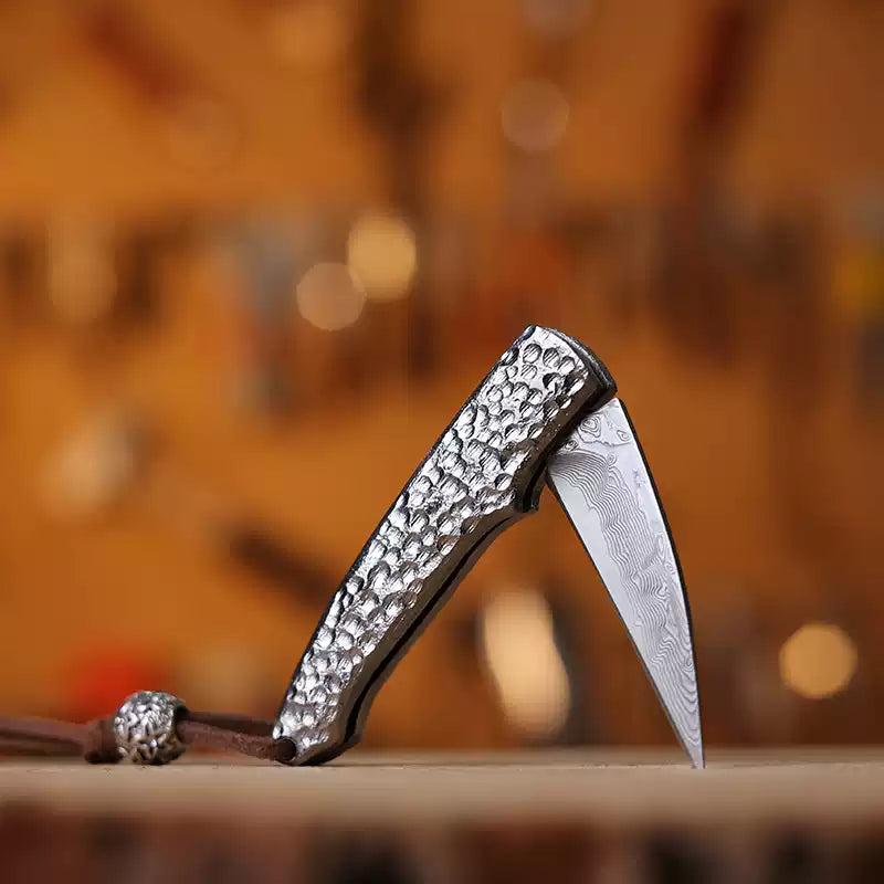 Damascus Folding Knife – Steel Pocket Compact Keychain EDC Collector