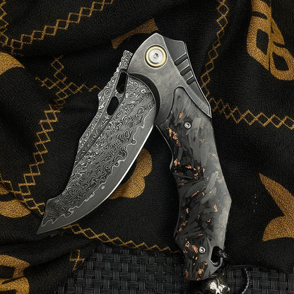Damascus Folding Knife – VG10 Carbon Fiber Handle Copper Flake Hand Finished EDC Collector