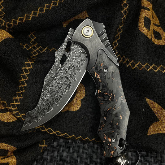 Damascus Folding Knife – VG10 Carbon Fiber Handle Copper Flake Hand Finished EDC Collector