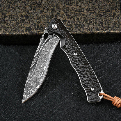 Damascus Folding Knife – VG10 Ebony Handle Artisan EDC Collector Outdoor Pocket