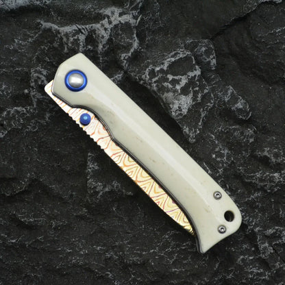 Damascus Folding Knife – Winged Avian with G10 Handle & Zirconium Inlay with 59HRC