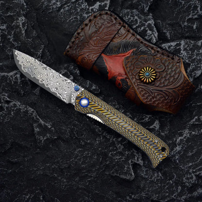 Damascus Folding Knife – Winged Avian with G10 Handle & Zirconium Inlay with 59HRC