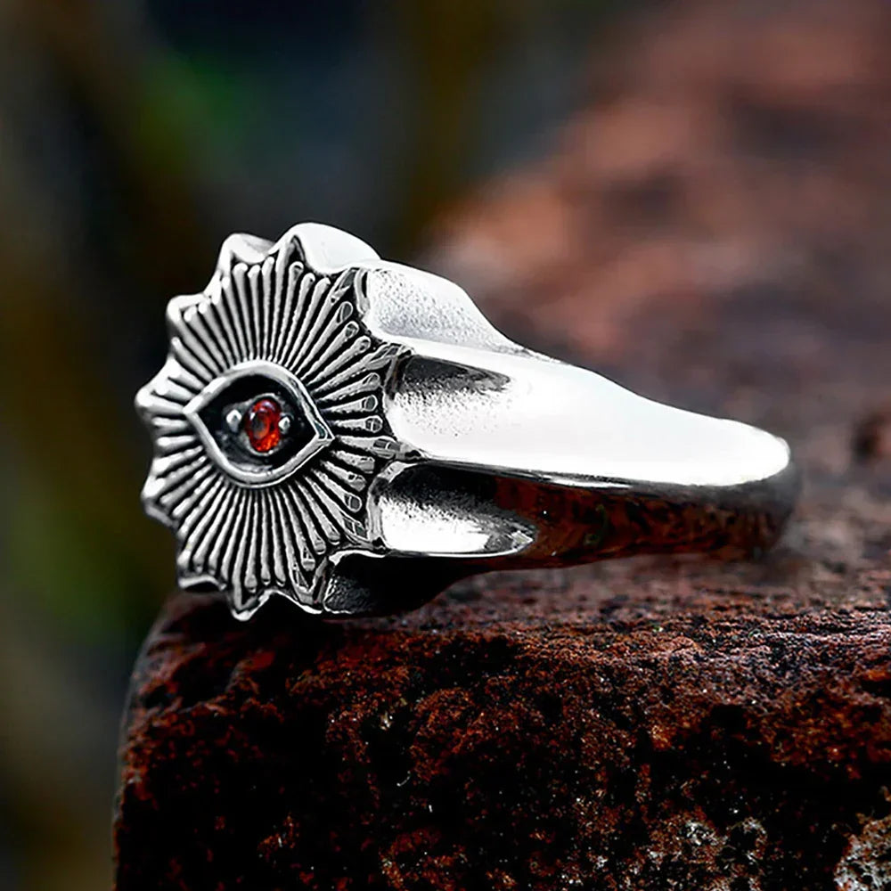Demon Eye Rune Ring – Crimson Gothic Viking Punk Biker for Alternative Styling