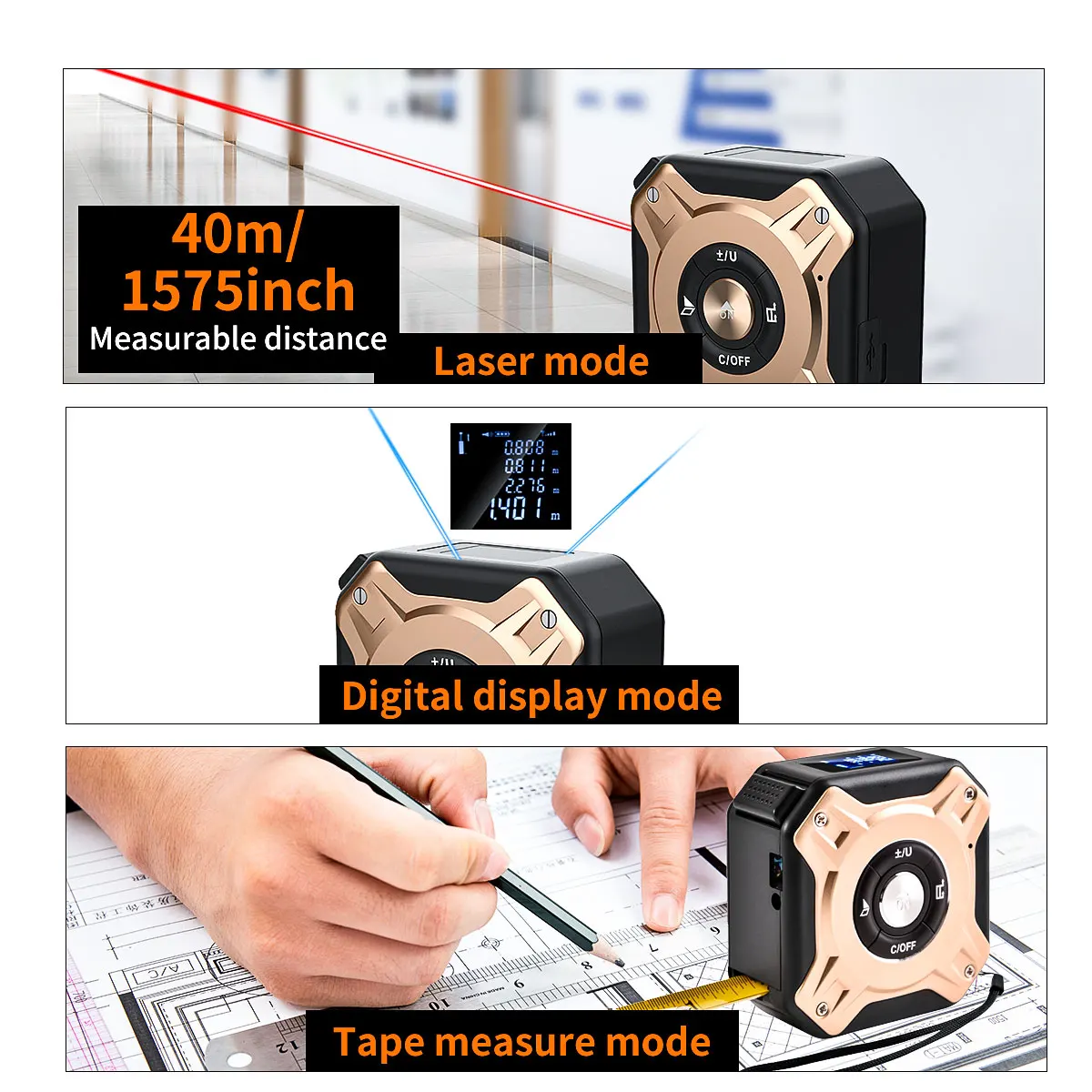 Digital Measuring Tool – Laser Tape Measure 2-in-1 135ft USB Rechargeable Construction DIY