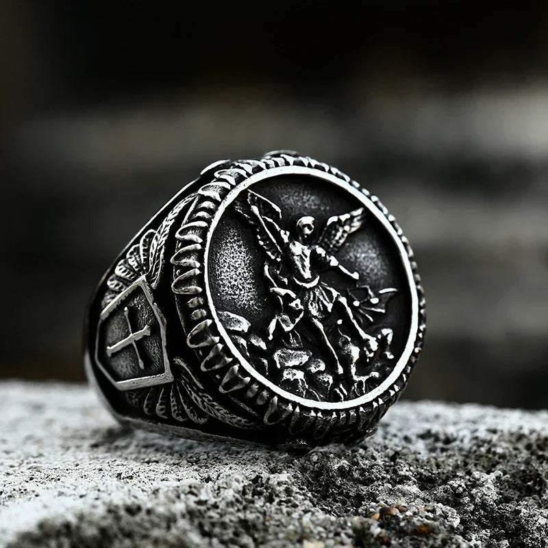 Gothic Cross Ring – Saint Michael with Mystic Guardian Punk Statement