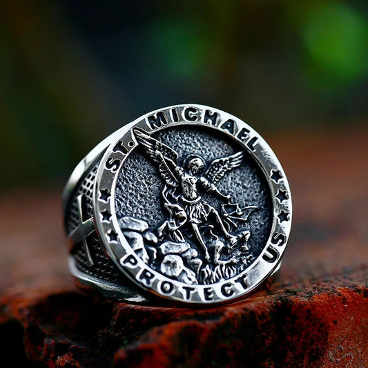 Gothic Cross Ring – Saint Michael with Mystic Guardian Punk Statement