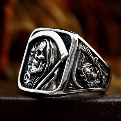 Gothic Skull Ring – Grim Reaper with Eerie Scythe Stainless Steel Punk Biker