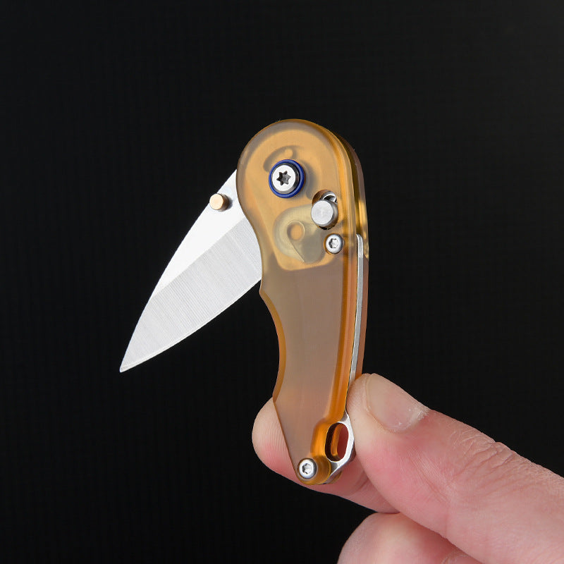 Steel Folding Knife – Keychain 7Cr PEI Handle Drop Point Amber EDC Mini Pocket