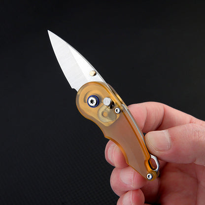 Steel Folding Knife – Keychain 7Cr PEI Handle Drop Point Amber EDC Mini Pocket