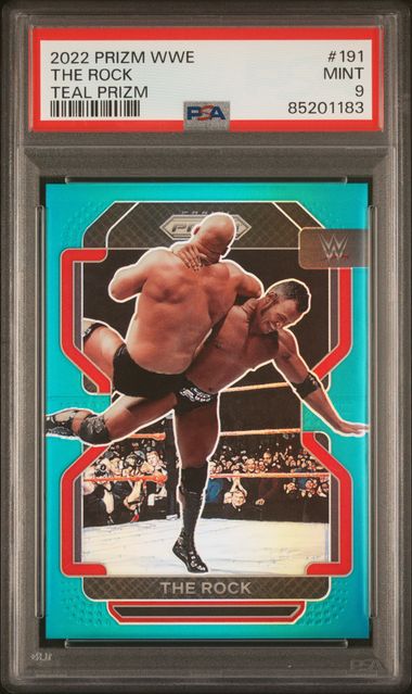 2022 Panini Prizm WWE The Rock 191 Teal /49 - PSA 9