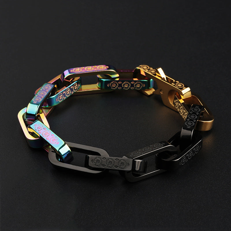 Titanium Bracelet – FloraLink Chains Unisex Modern Steel with Daisy Pattern Engraving
