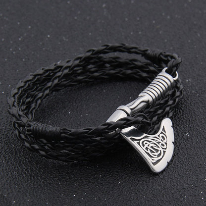 Viking Axe Bracelet – Leather with Combat Valknut Nordic Amulet Multilayer Bangle
