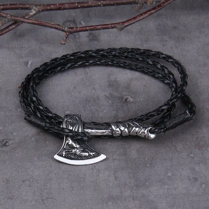 Viking Axe Bracelet – Leather with Combat Valknut Nordic Amulet Multilayer Bangle